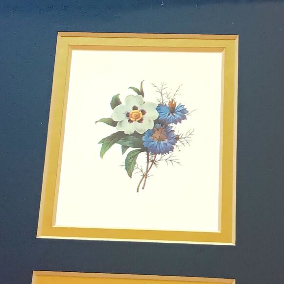 Vintage Flower Trio Prints Matted And Framed Dark Blue Background Gold Frame 15" - Picture 5 of 9
